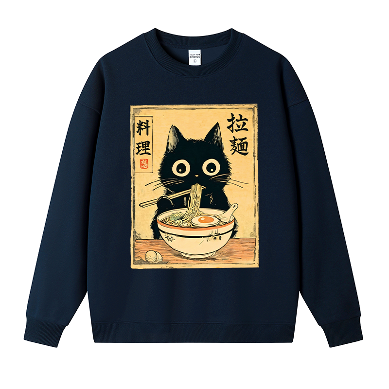 Tokyocanvas Cute Black Cat Eating Ramen Fleece Lined Sweatshirt