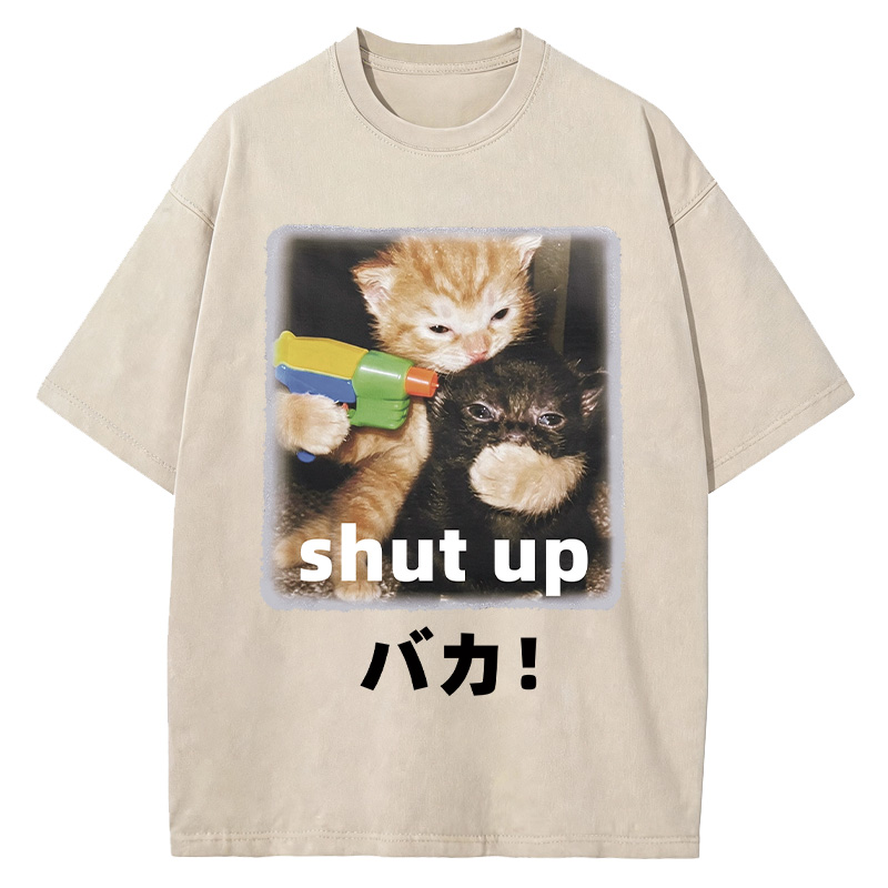 Tokyocanvas Shut Up Funny Cats Washed T-Shirt