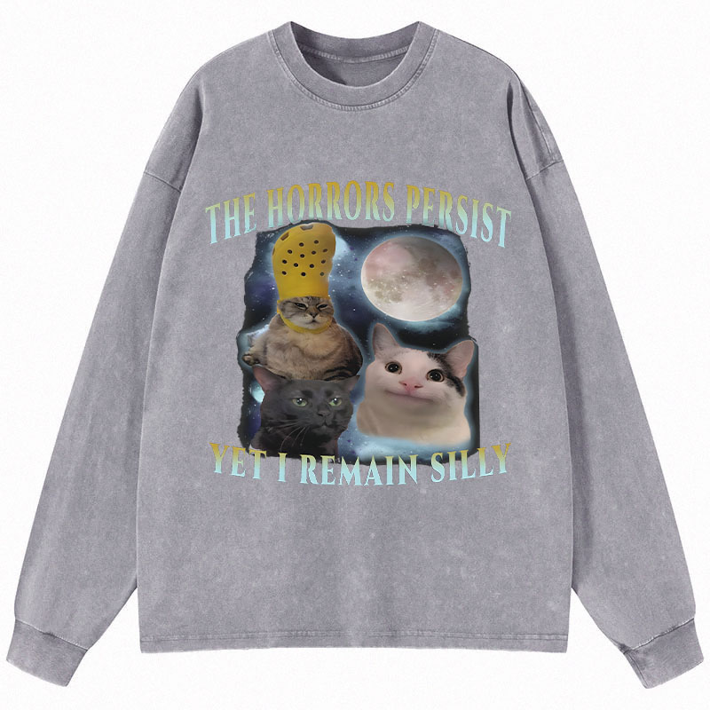 Tokyocanvas The Horrors Persist Yet I Remain Silly Cat Long Sleeve Washed T-Shirt
