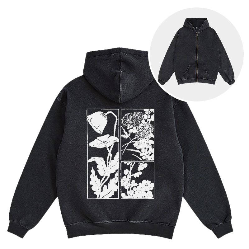Tokyocanvas Woodcut Flowers Washed Zip Hoodie