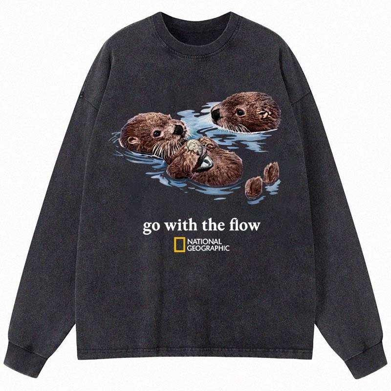 Tokyocanvas Go With The Flow Otters Long Sleeve Washed T-Shirt