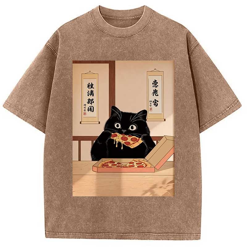Tokyocanvas Black Cat Pizza Ukiyo-e Washed T-Shirt