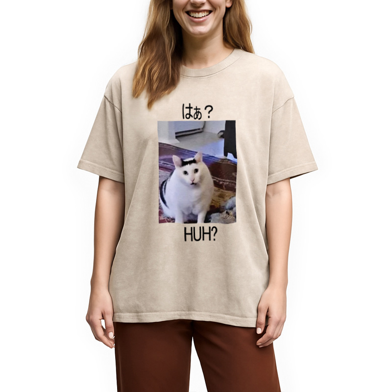 Tokyocanvas Huh? Funny Cat Meme Washed T-Shirt
