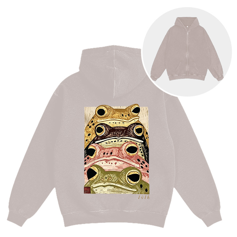 Tokyocanvas Whimsical Multi Colored Frog Art Washed Zip Hoodie