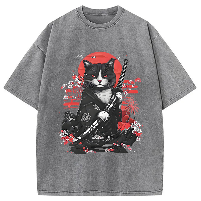 Tokyocanvas Samurai Cat Washed T-Shirt