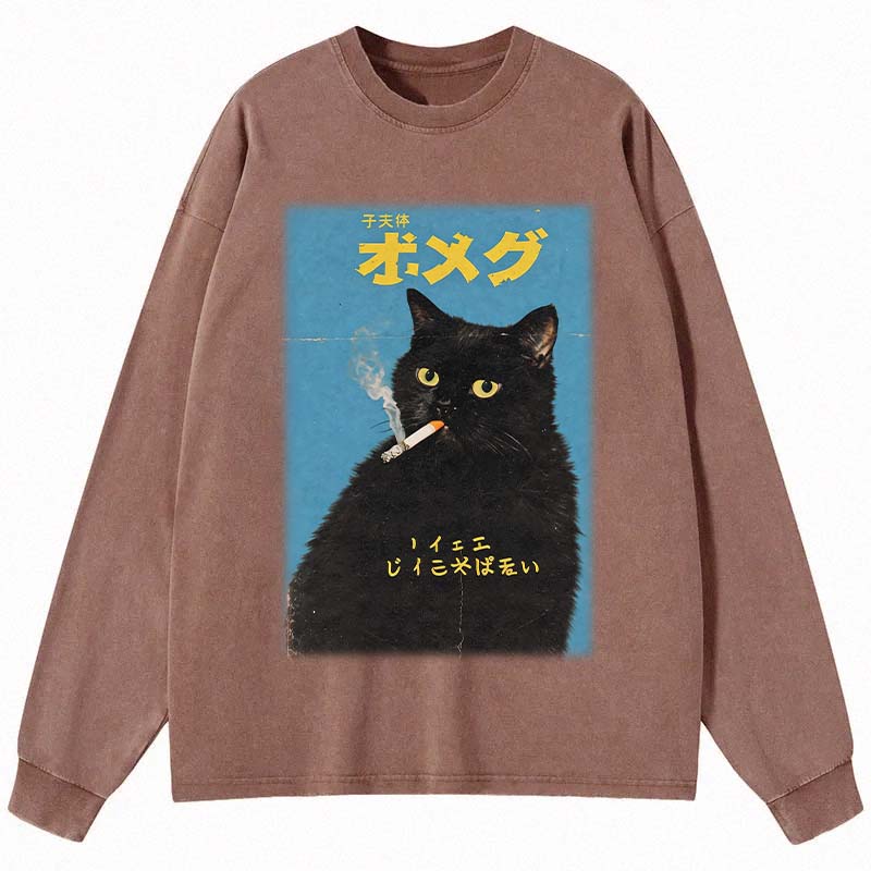 Tokyocanvas Vintage Japanese Smoking Black Cat Long Sleeve Washed T-Shirt