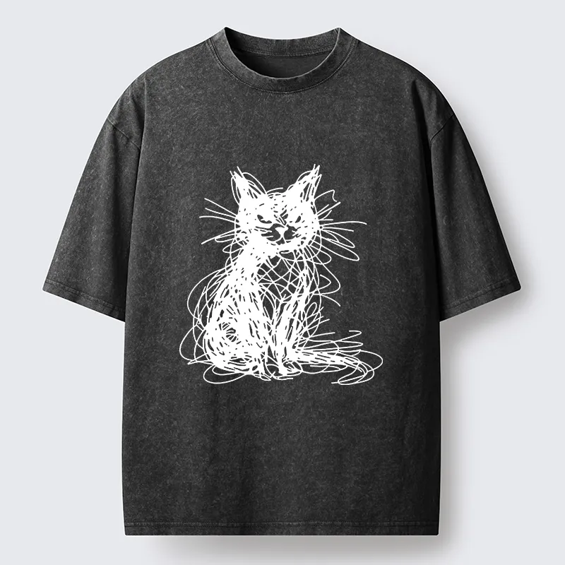 Tokyocanvas Funny Messy Line Cat Washed T-Shirt