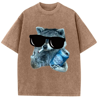 Tokyocanvas Raccoon Drinking Beer Washed T-Shirt