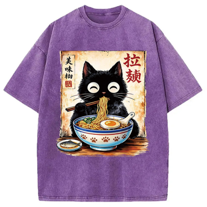 Tokyocanvas Cute Cat Slurping Ramen Washed T-Shirt