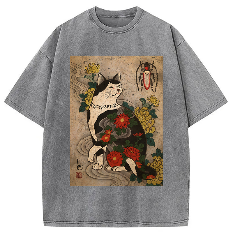 Tokyocanvas Cat Tattoo Floral Washed T-Shirt
