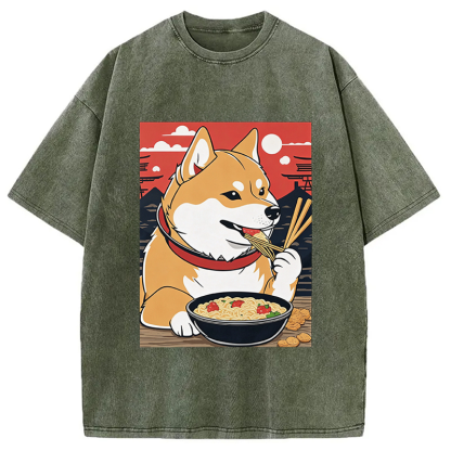 Tokyocanvas Cute Shiba Inu Dog Eating Ramen Washed T-Shirt