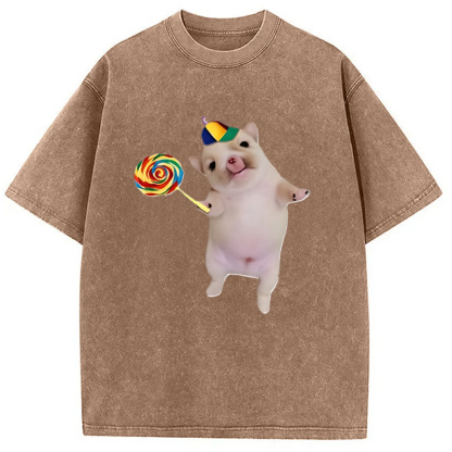 Tokyocanvas Funny Silly Dog with Lollipop Meme Washed T-Shirt