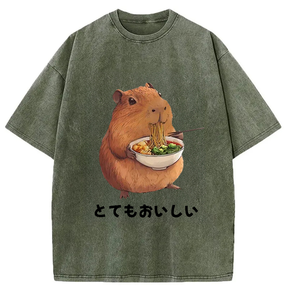 Tokyocanvas Capybara Eating Japanese Ramen Washed T-Shirt