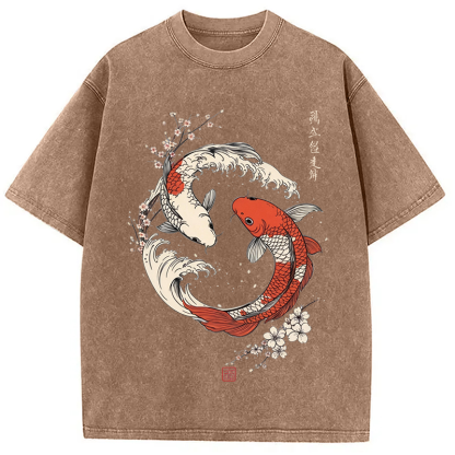 Tokyocanvas Koi Fish Cherry Blossoms Japanese Washed T-Shirt