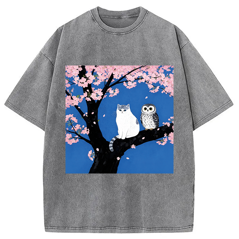 Tokyocanvas Cat And Owl Under Sakura Washed T-Shirt