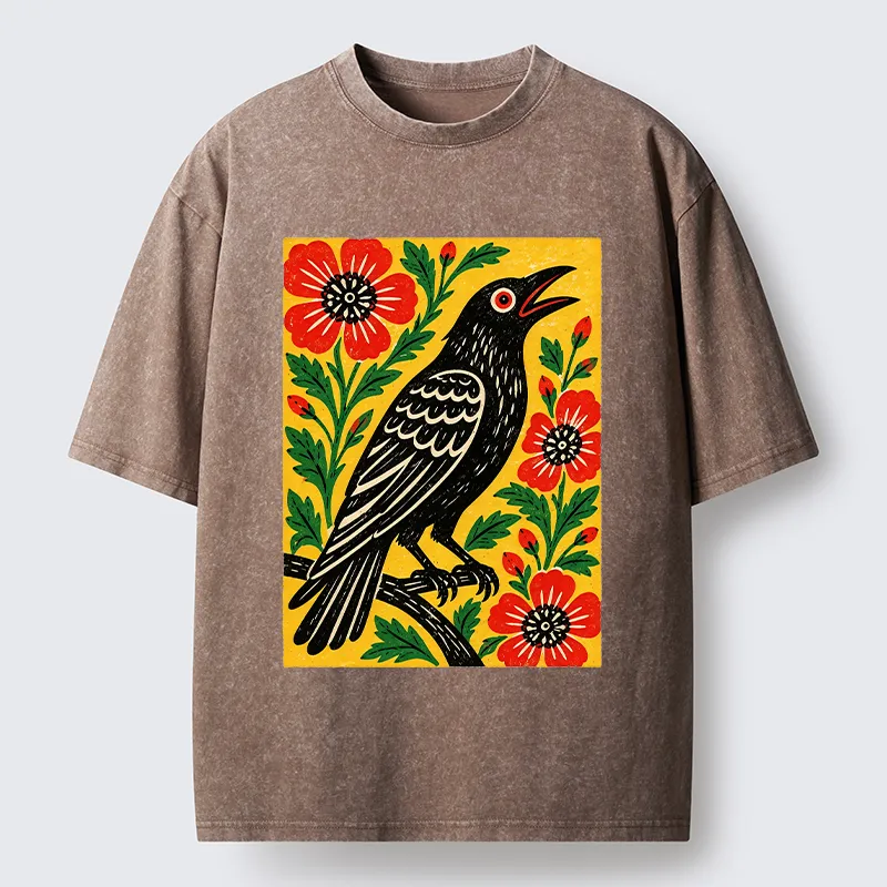 Tokyocanvas Vintage Crow Flower Folk Art Washed T-Shirt