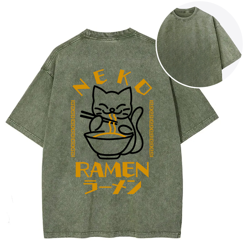 Tokyocanvas Cat Obsessed With Ramen Back Washed T-Shirt