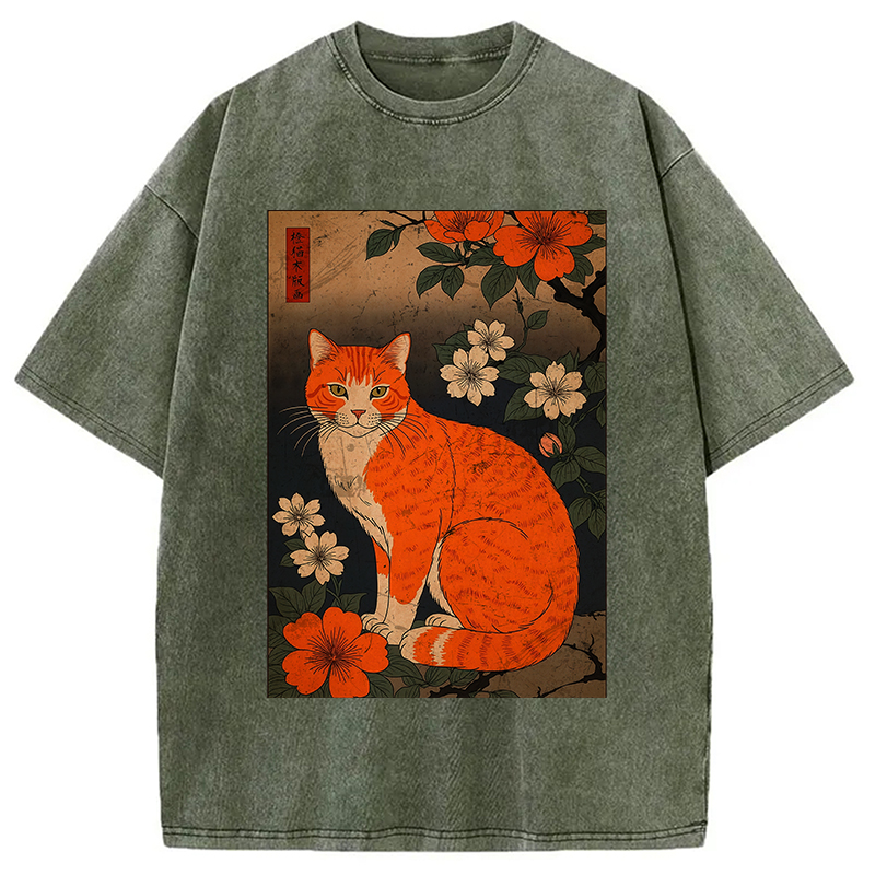 Tokyocanvas Orange Cat Japanese Art Washed T-Shirt