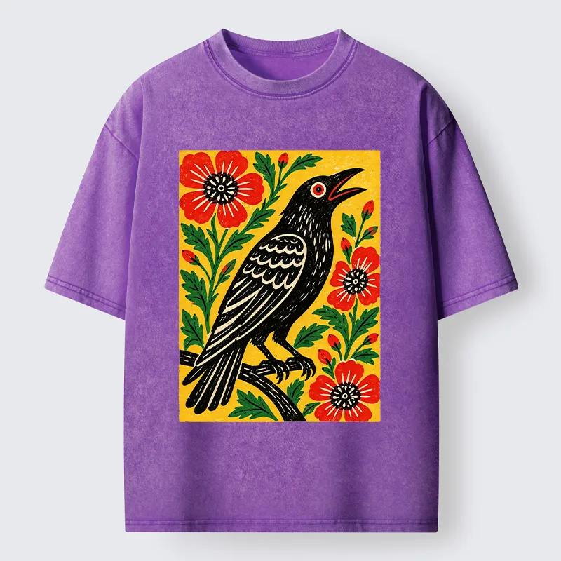 Tokyocanvas Vintage Crow Flower Folk Art Washed T-Shirt