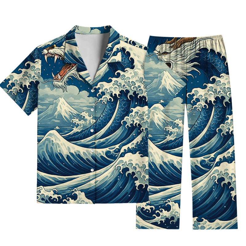 Tokyocanvas Japanese Ukiyoe Wave Dragon Pajama Set