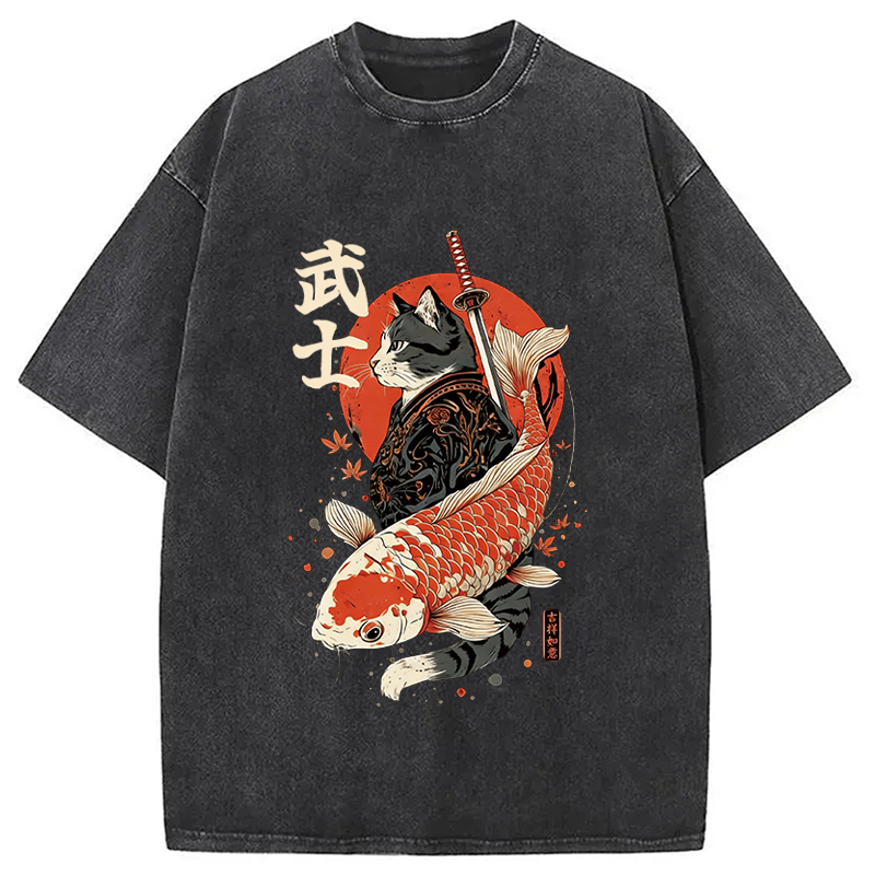 Tokyocanvas Samurai Cat And Koi Washed T-Shirt