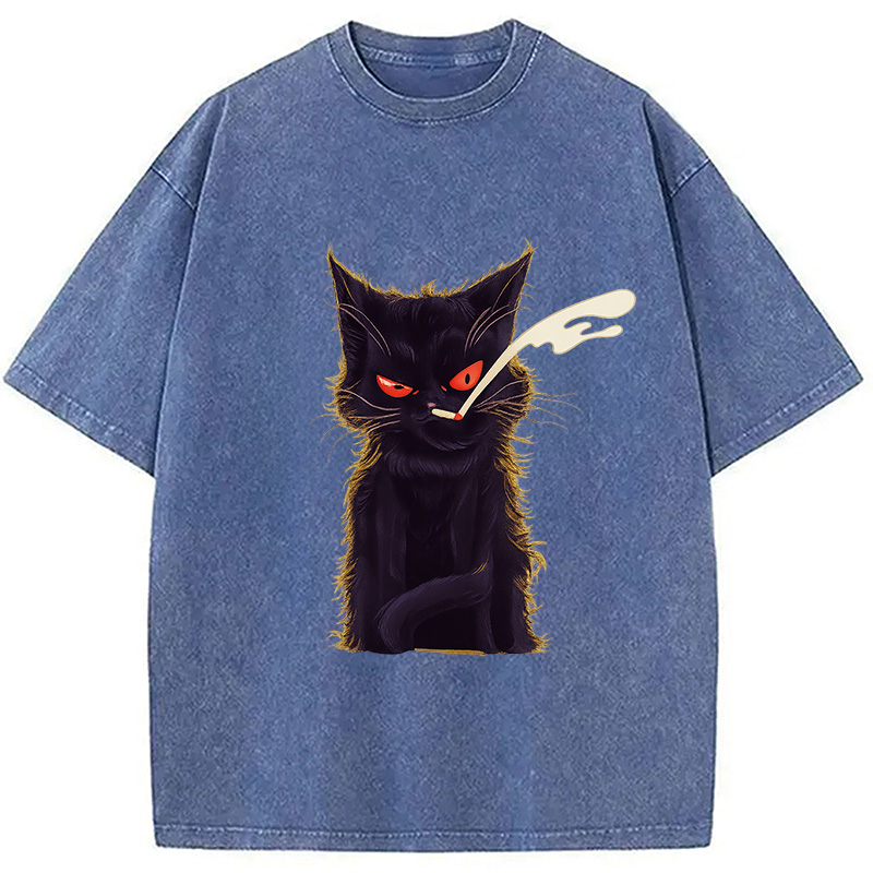 Tokyocanvas Funny Smoking Black Cat Face Washed T-Shirt