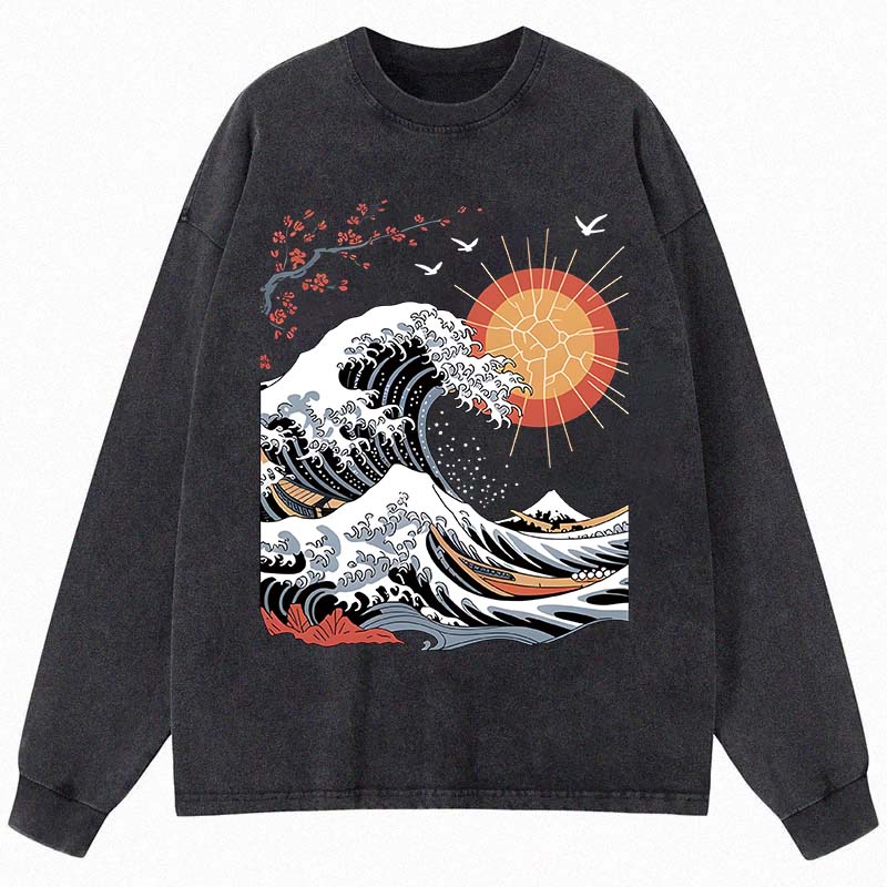 Tokyocanvas Ocean Sun Cherry Blossom Long Sleeve Washed T-Shirt