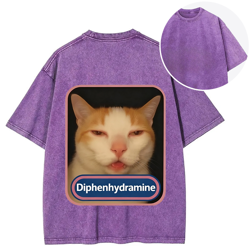 Tokyocanvas Pink Diphenhydramine Meme Cat Back Washed T-Shirt
