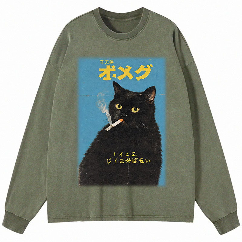 Tokyocanvas Vintage Japanese Smoking Black Cat Long Sleeve Washed T-Shirt