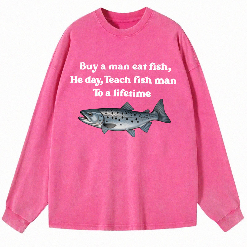 Tokyocanvas Buy A Man Eat Fsh Long Sleeve Washed T-Shirt