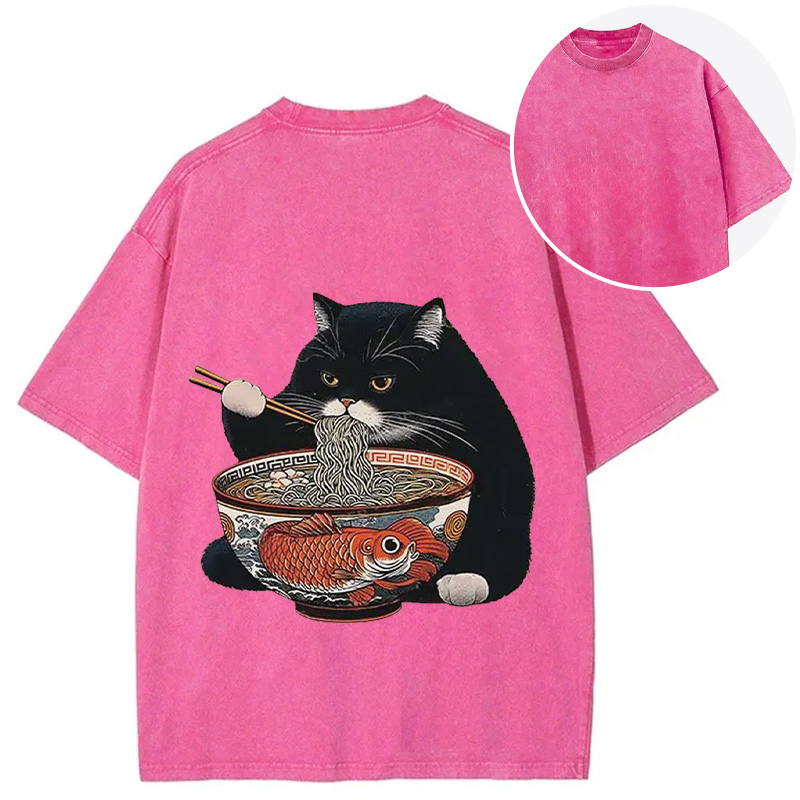Tokyocanvas Fat Cat Eating Ramen Back Washed T-Shirt