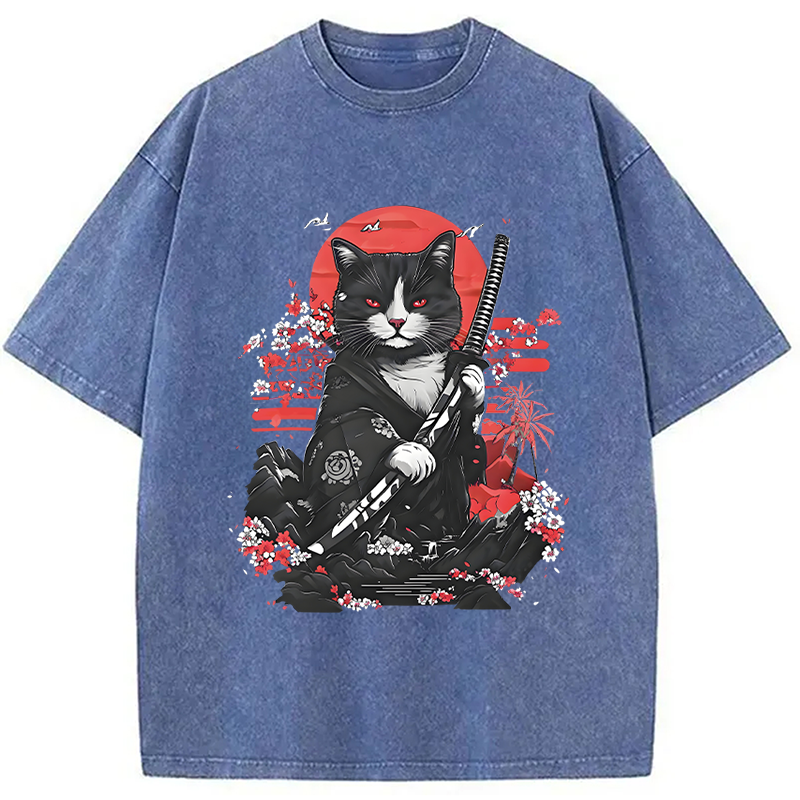 Tokyocanvas Samurai Cat Washed T-Shirt