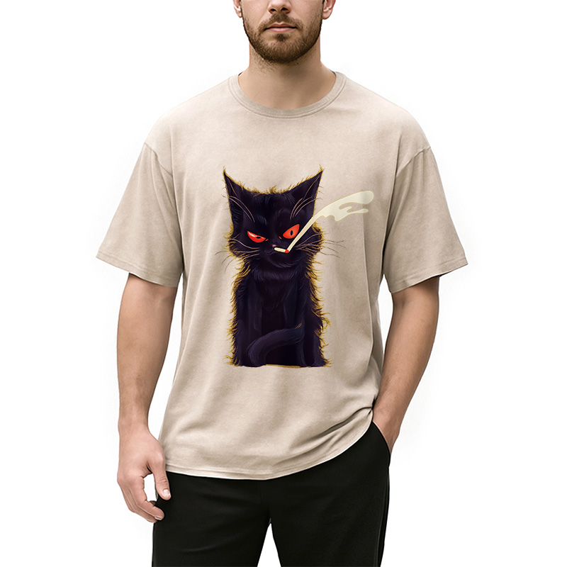 Tokyocanvas Funny Smoking Black Cat Face Washed T-Shirt
