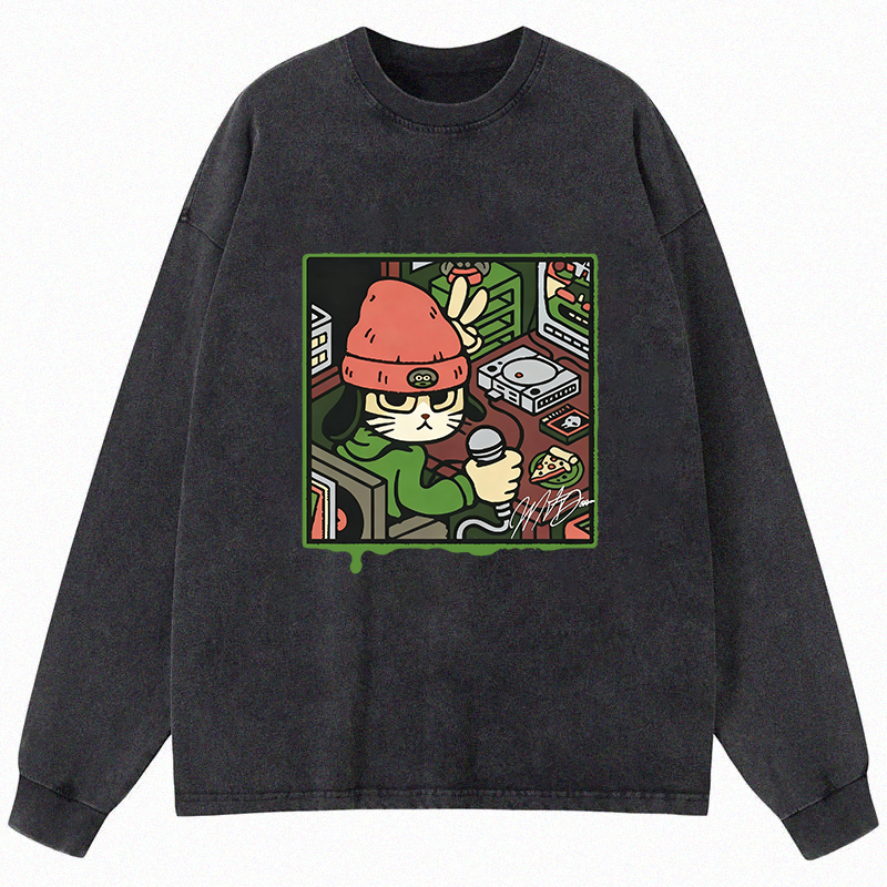 Tokyocanvas Rapper Cat Long Sleeve Washed T-Shirt