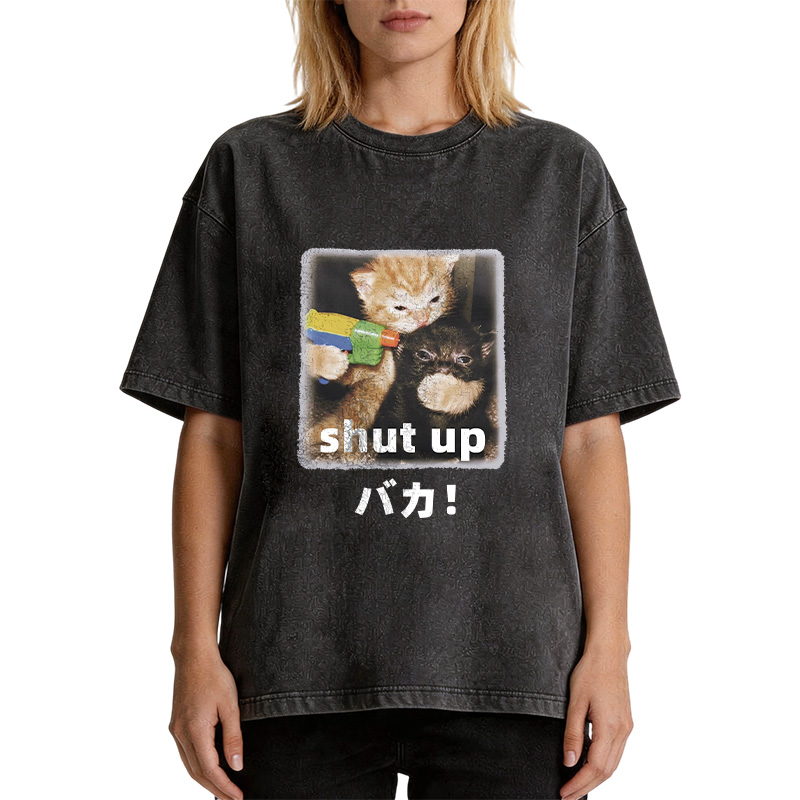 Tokyocanvas Shut Up Funny Cats Washed T-Shirt