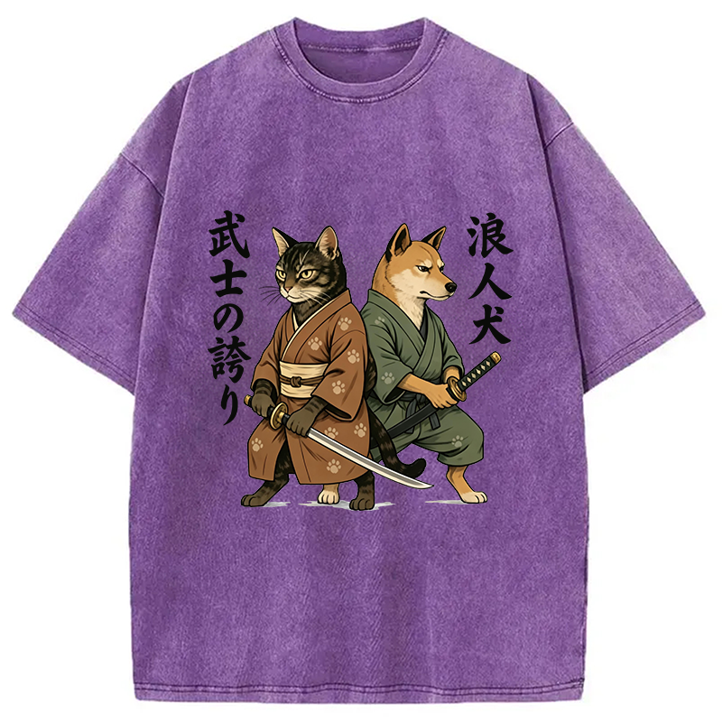 Tokyocanvas Samurai Cat vs Ronin Dog Washed T-Shirt
