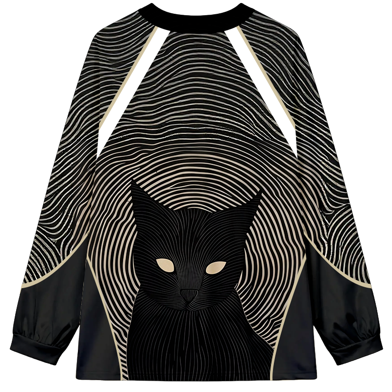 Tokyocanvas Mysterious Black Cat Long Sleeve Graphic Print T-Shirt