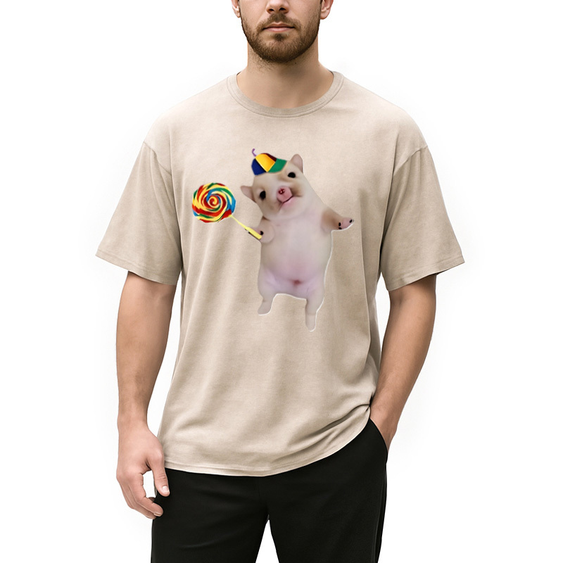 Tokyocanvas Funny Silly Dog with Lollipop Meme Washed T-Shirt