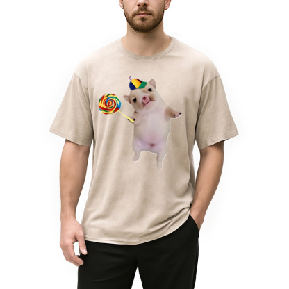 Tokyocanvas Funny Silly Dog with Lollipop Meme Washed T-Shirt