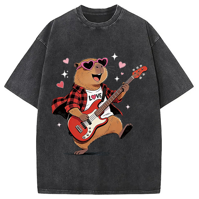 Tokyocanvas Cute Bear Guitar Valentine Washed T-Shirt