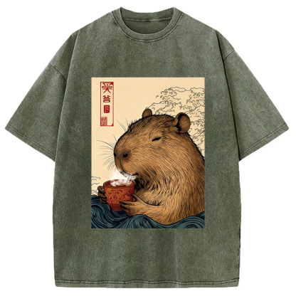 Tokyocanvas Capybara with Morning Tea Washed T-Shirt