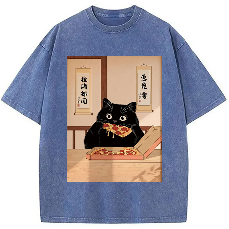 Tokyocanvas Black Cat Pizza Ukiyo-e Washed T-Shirt