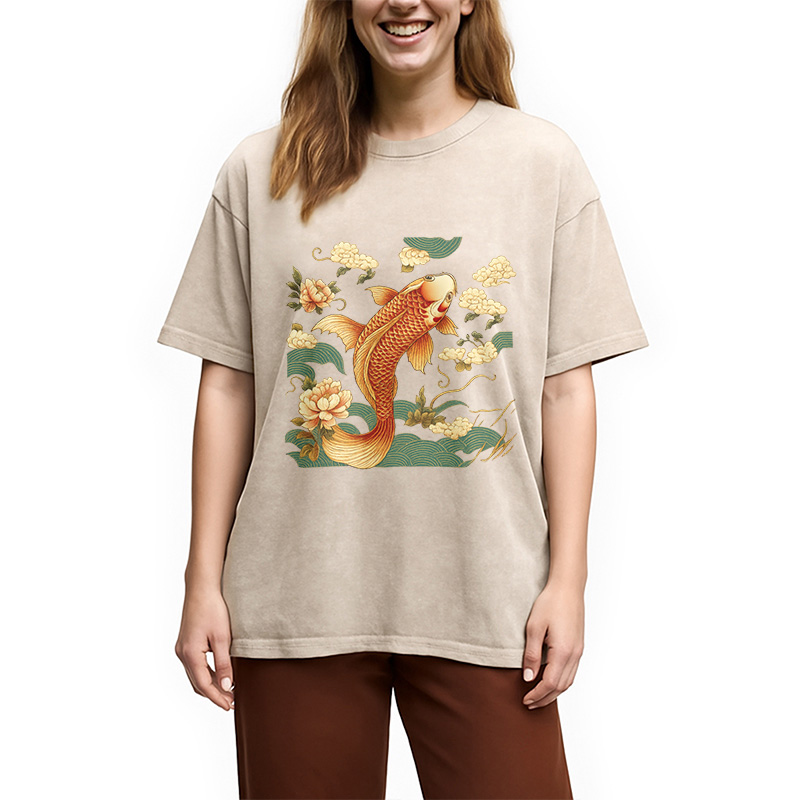 Tokyocanvas Cozy Vintage Japanese Koi Fish Washed T-Shirt