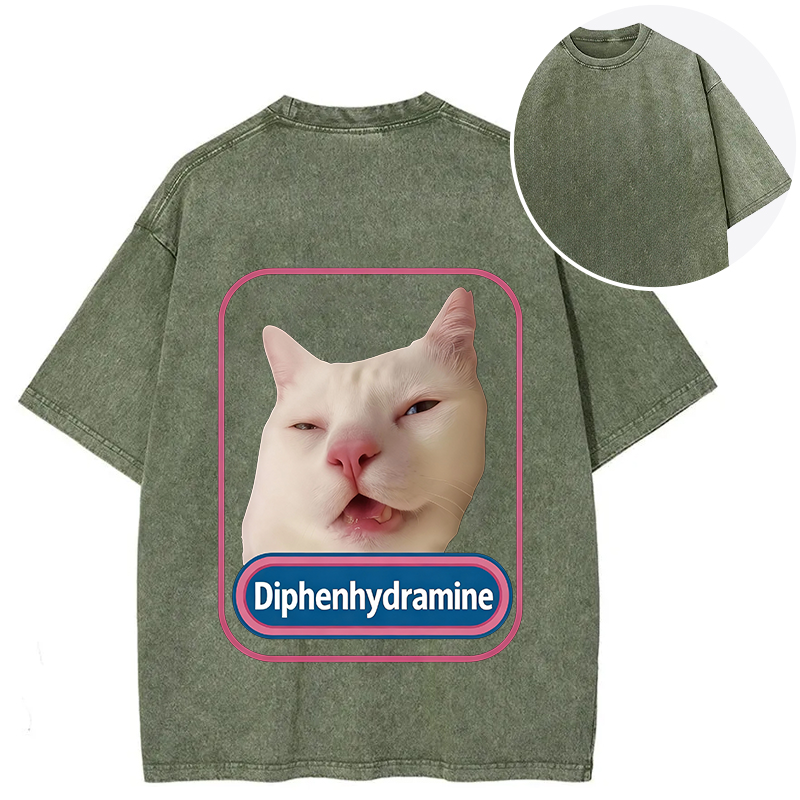 Tokyocanvas Funny Diphenhydramine Meme Cat Back Washed T-Shirt