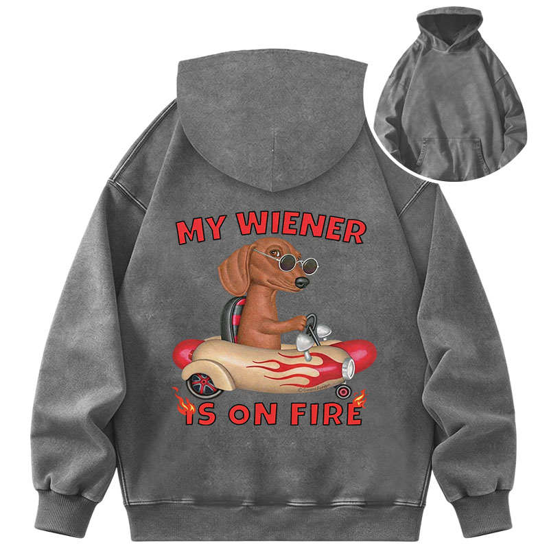 Tokyocanvas My Wiener Is On Fire Funny Dog Washed Hoodie
