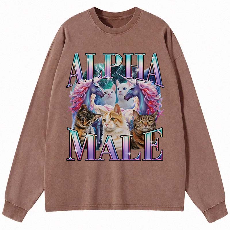 Tokyocanvas Alpha Male Unicorn Cat Long Sleeve Washed T-Shirt