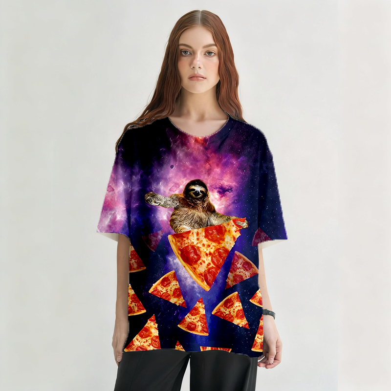 Tokyocanvas Sloth Pizza Graphic Print T-Shirt