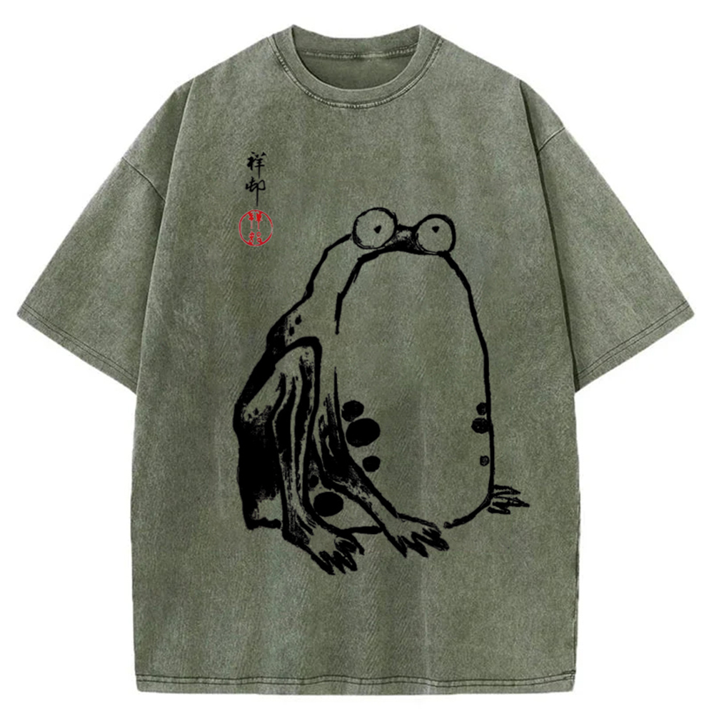Tokyocanvas Grumpy Frog Aesthetic Japanese Art Washed T-Shirt