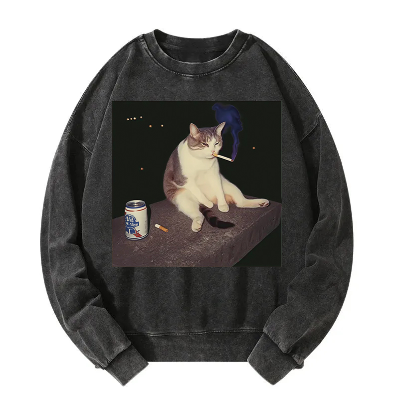 Tokyocanvas Cigarette Kitten Funny Smoking Cat Meme Washed Sweatshirt
