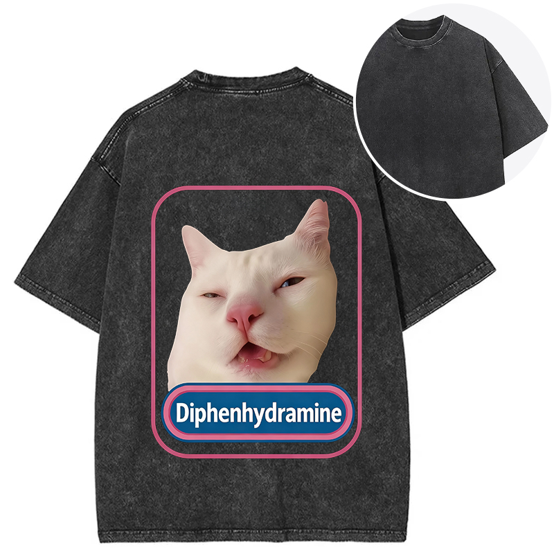Tokyocanvas Funny Diphenhydramine Meme Cat Back Washed T-Shirt
